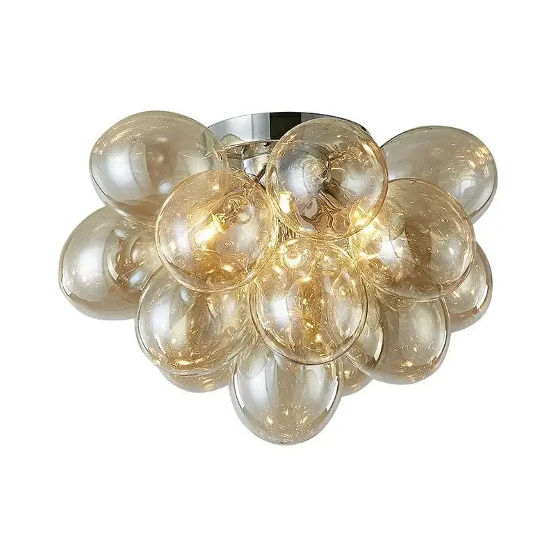 Modern amber glass chandelier led cluster ceiling lamp with translucent amber glass spheres and chrome base for bedroom lighting