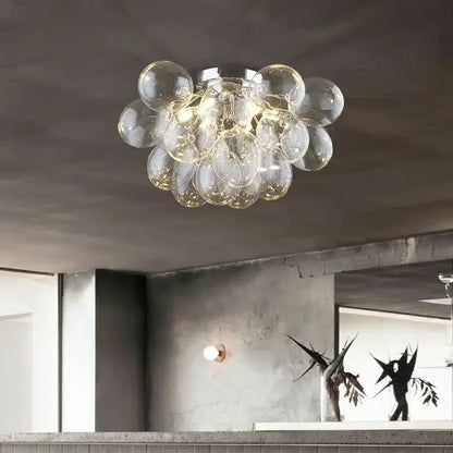 Modern clear glass chandelier led cluster ceiling lamp with bubble design and chrome base for bedroom lighting
