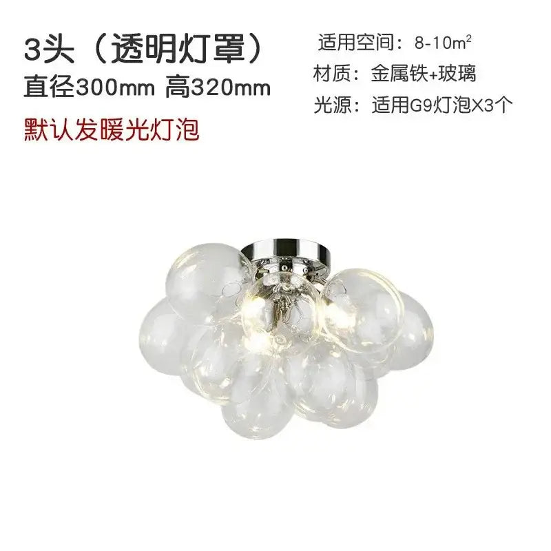 Modern amber glass chandelier led ceiling lamp with three transparent glass globes and polished chrome base for bedroom use