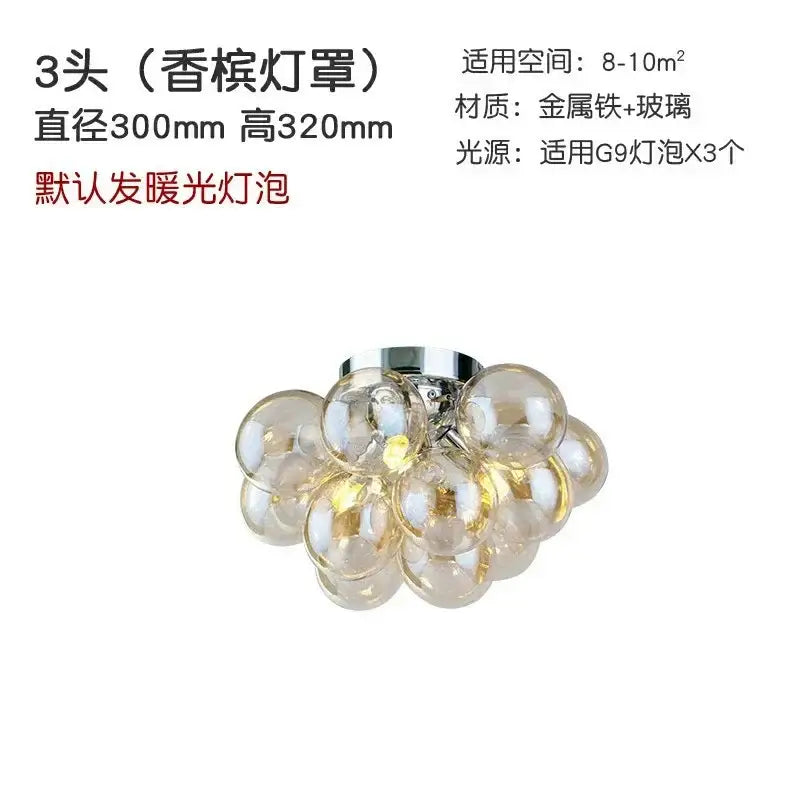 Modern amber glass chandelier ceiling lamp with translucent glass spheres and chrome metal base for bedroom lighting