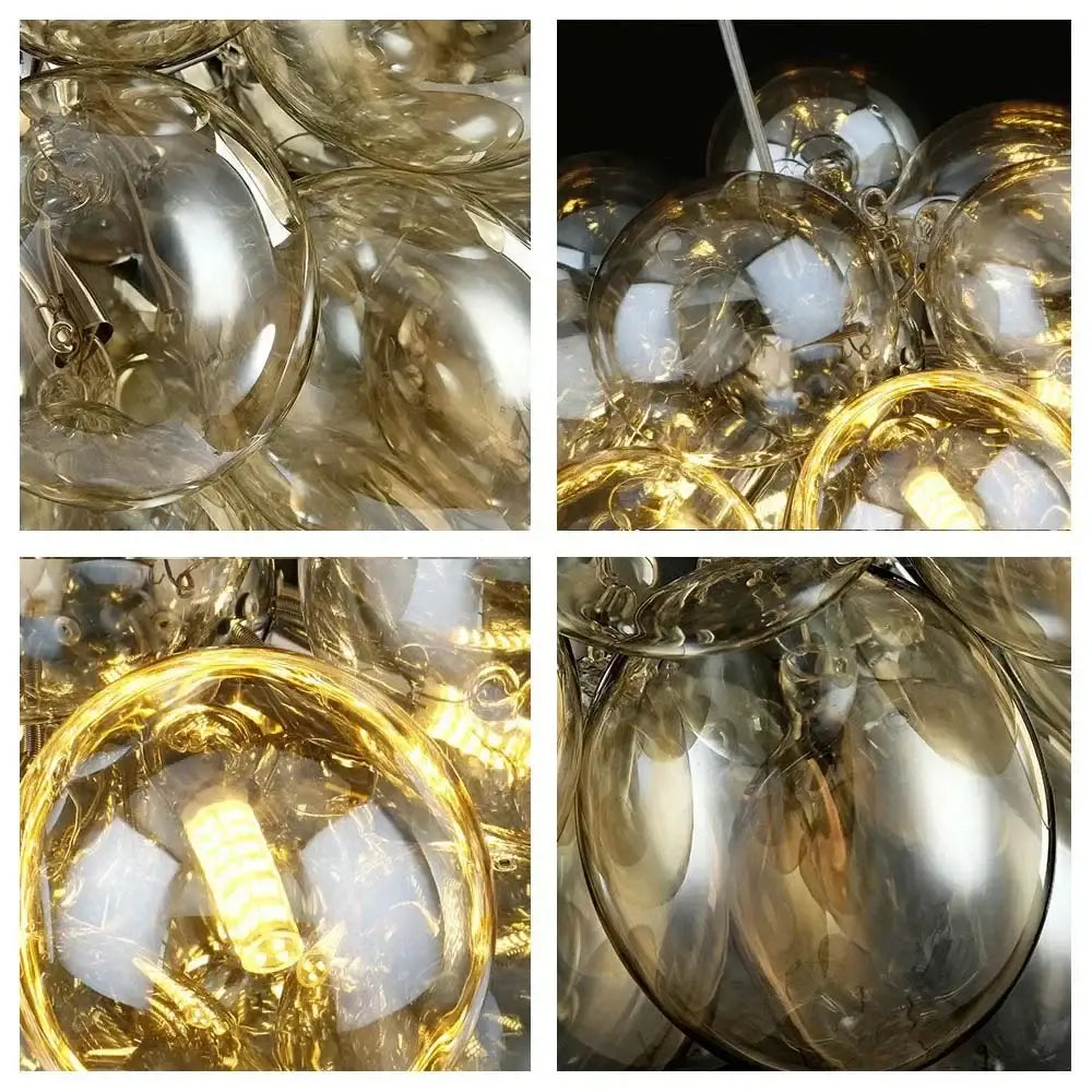 A modern amber glass chandelier led cluster ceiling lamp with spherical bulbs for bedroom use