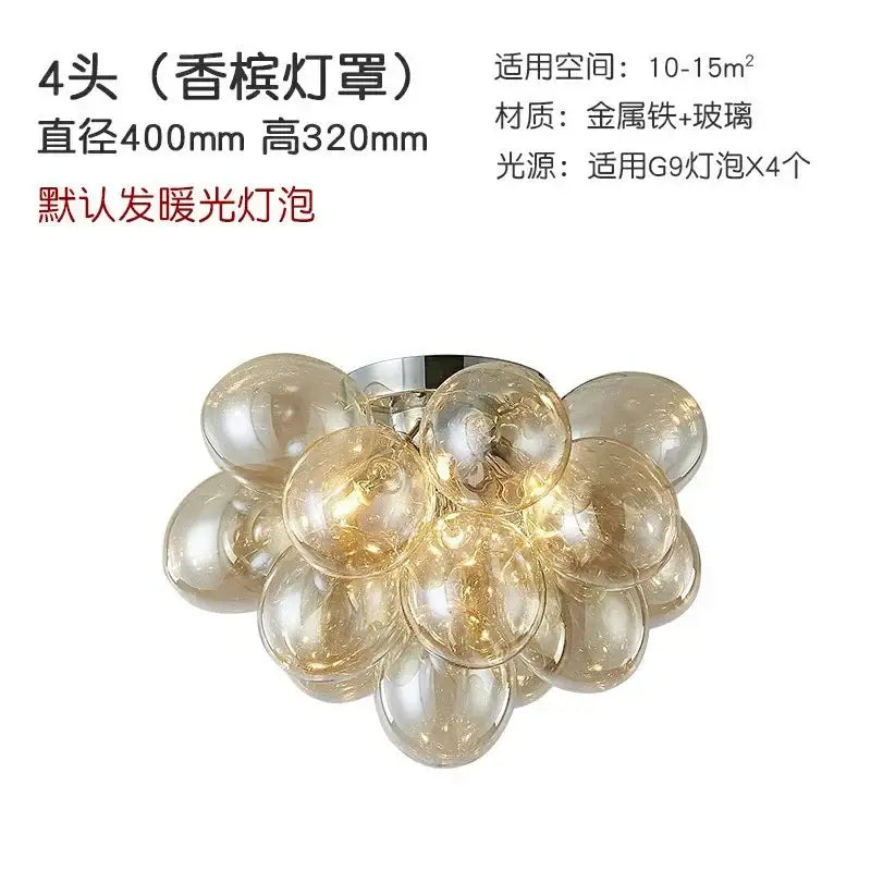 Modern amber glass chandelier led cluster ceiling lamp with four warm-toned glass globes and metallic base for bedroom