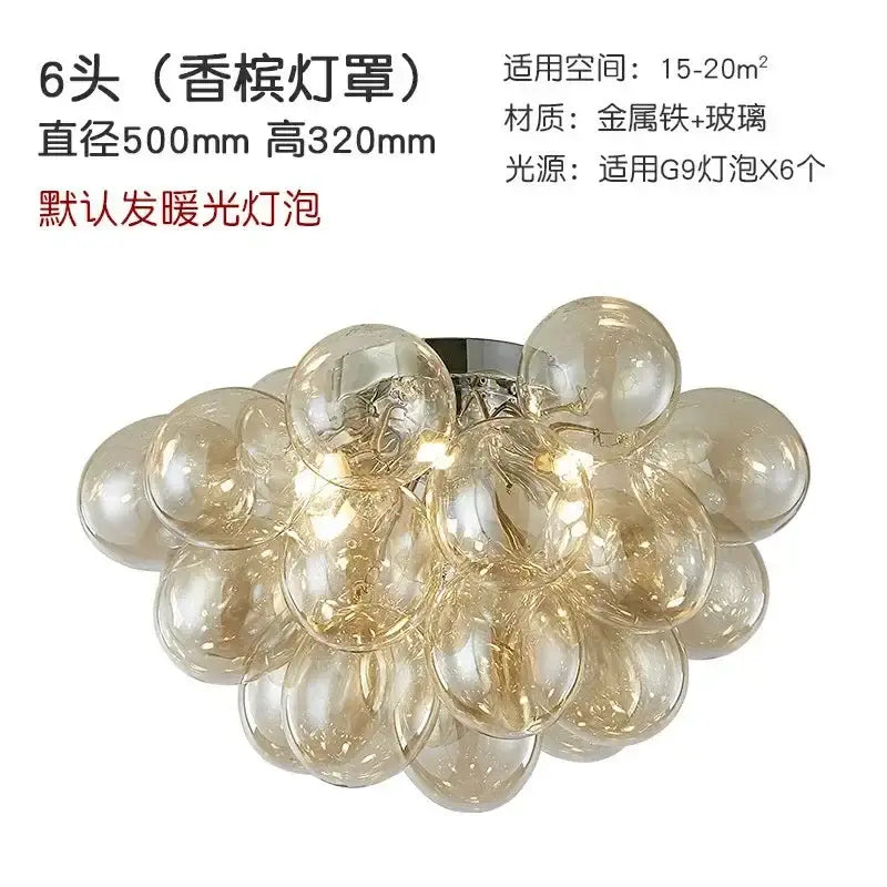 Modern amber glass chandelier led cluster ceiling lamp with six translucent globes and metallic frame for 20 sqm rooms