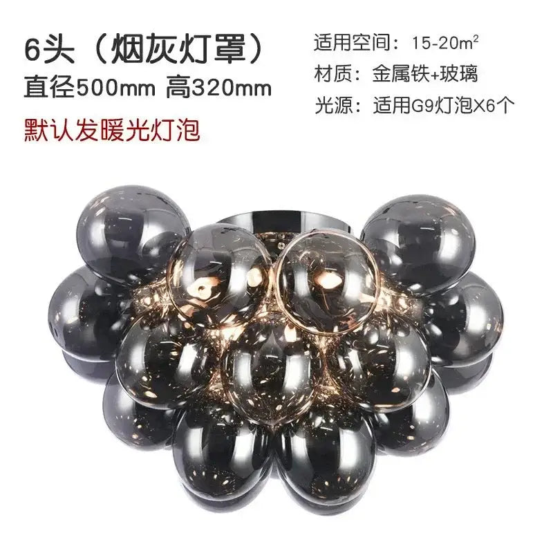 Six-head amber smoked glass chandelier led cluster with metallic frame and warm bulbs ceiling lamp for bedroom