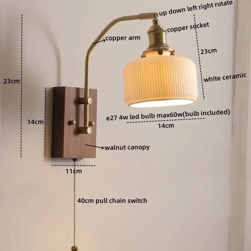 Vintage-style wall lamp with copper arm, walnut canopy base, and white ceramic shade featuring vertical ridges in copper led wall design