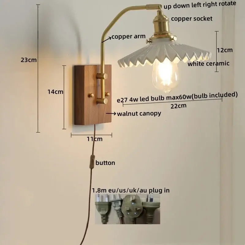 Vintage-style wall lamp with brass copper led arm, white ceramic shade, and walnut base for elegant bedroom lighting
