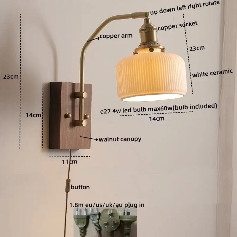Vintage-style wall lamp with brass copper led arm, walnut base, and white ceramic ridged lampshade for bedroom lighting