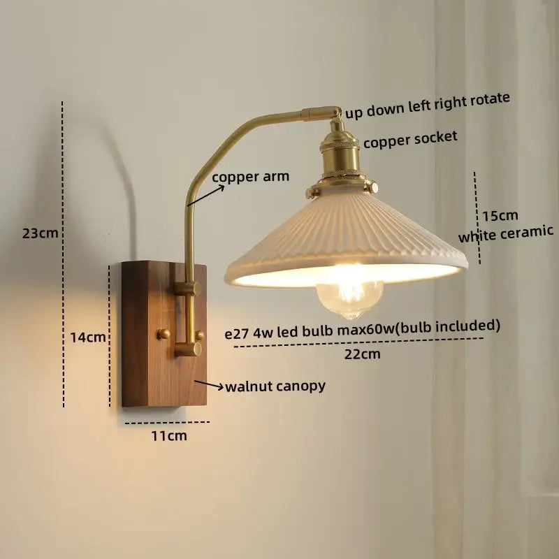 A vintage-style wall lamp with a brass copper arm, white ceramic ridged shade, and walnut wood canopy for bedroom use