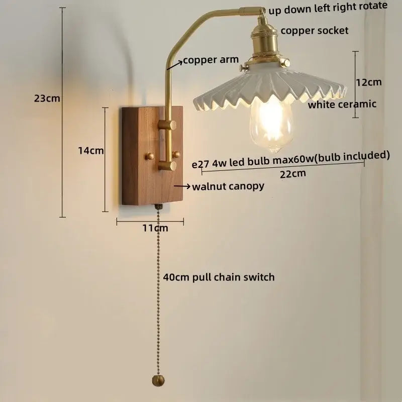 Vintage-style wall lamp with brass copper arm white ceramic canopy and walnut wood mounting plate for bedroom light copper led wall