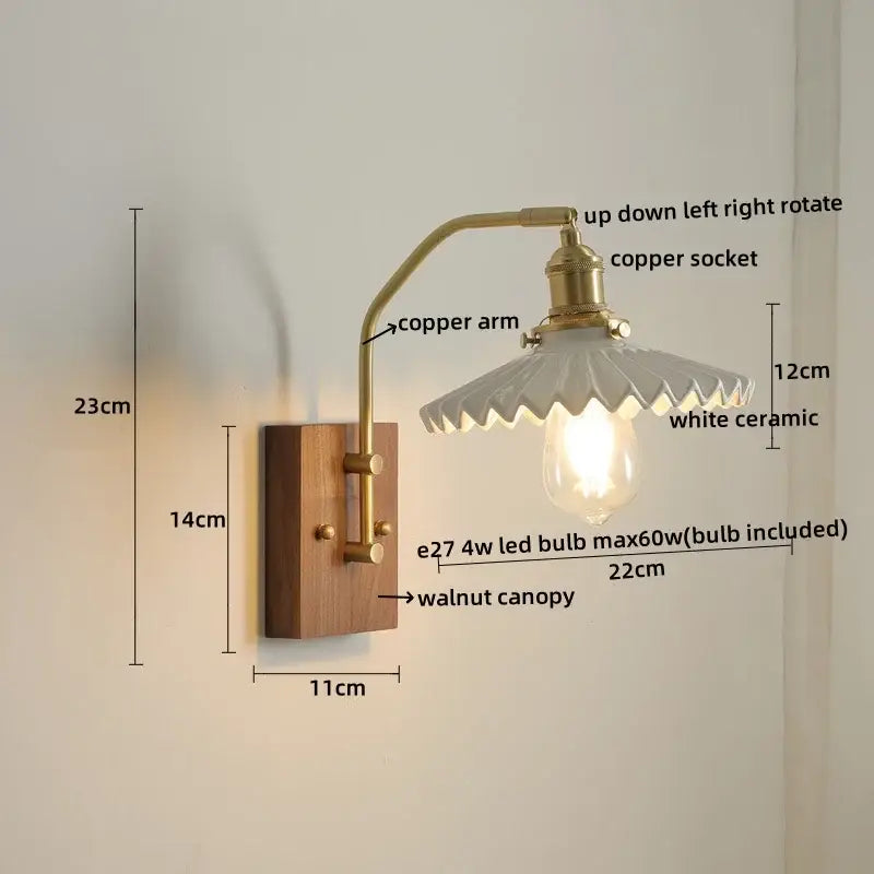 A vintage-style wall lamp with brass copper arm, walnut wood base, and white ceramic shade featuring glass copper led details