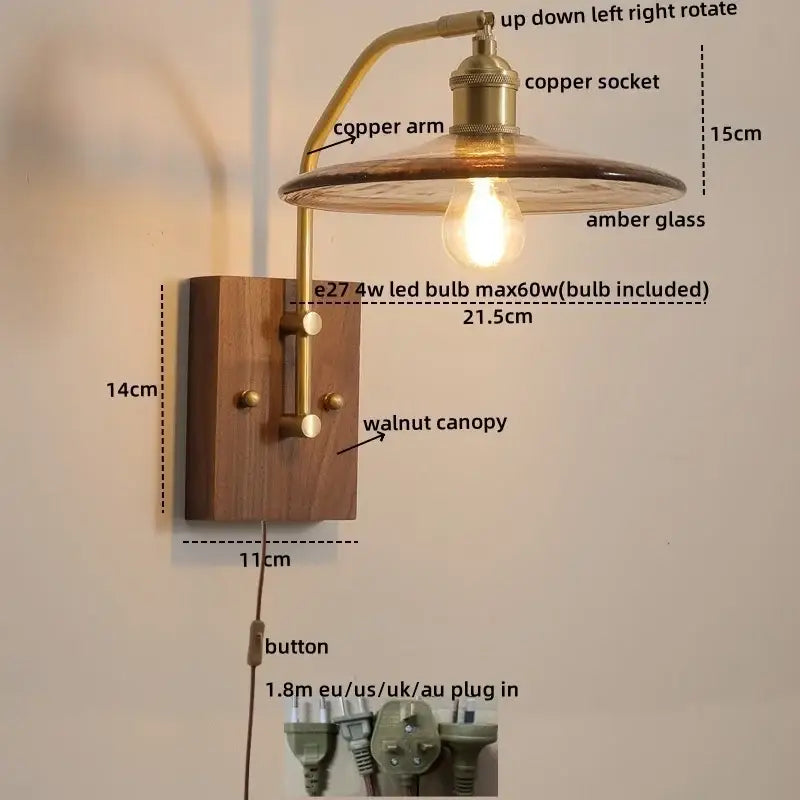 Vintage-style wall lamp with brass copper arm, amber glass shade, walnut canopy, and included led bulb for bedroom lighting copper led wall lamp