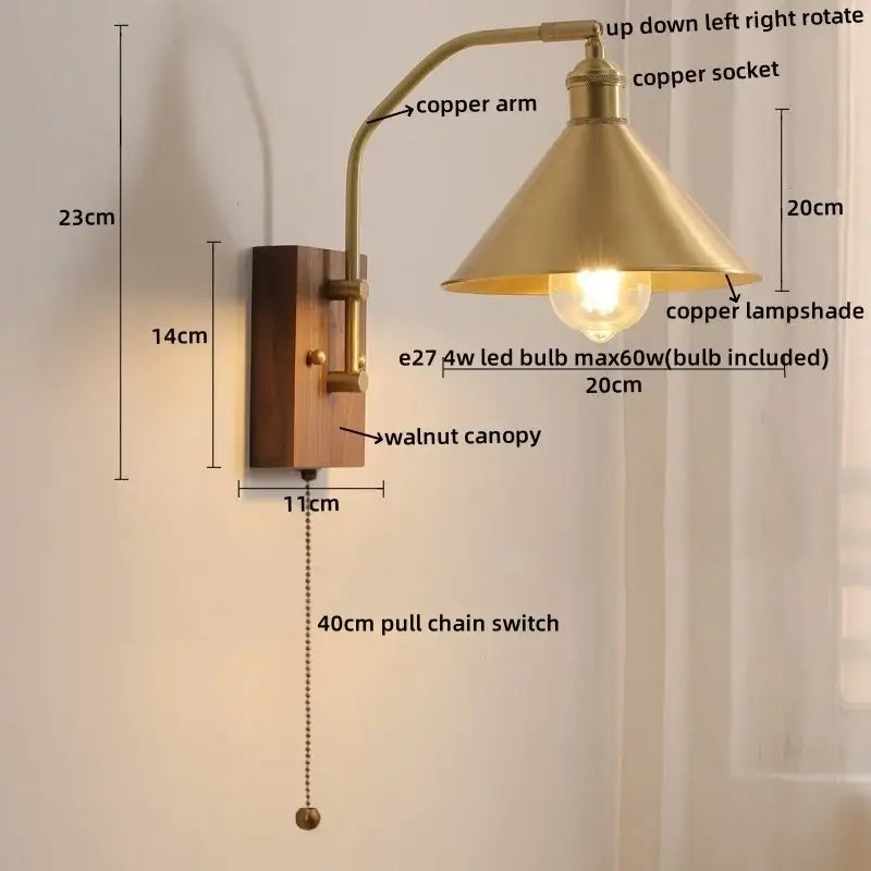 Brass-finished copper led wall lamp with walnut canopy and amber glass conical shade including e27 led bulb