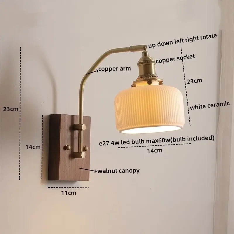 A vintage-style wall lamp with glass copper led arm, walnut base, and white ceramic shade for bedroom lighting
