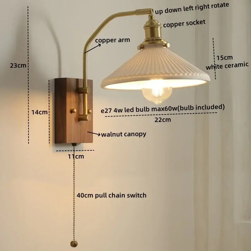 Vintage-style wall lamp with white ceramic shade, walnut base, and brass copper led wall arm for bedroom lighting