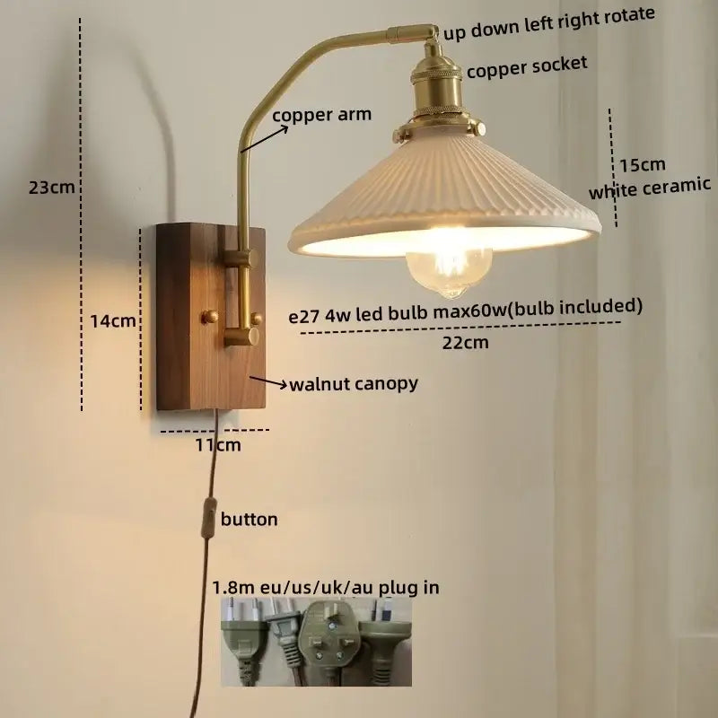 Modern amber glass copper led wall lamp with brass arm, walnut base, and white ceramic ribbed lampshade