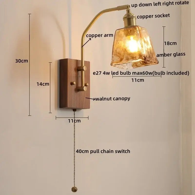 Modern amber glass copper led wall lamp with walnut canopy and e27 4w led bulb for bedroom lighting