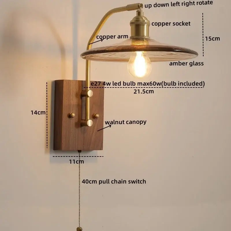 Modern amber glass copper led wall lamp with brass arm and walnut canopy featuring e27 4w led bulb for bedroom lighting
