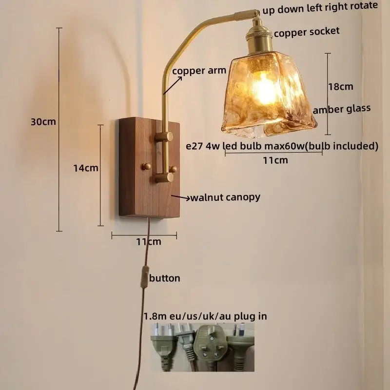 Modern amber glass copper led wall lamp with adjustable copper arm and walnut canopy for versatile bedroom lighting