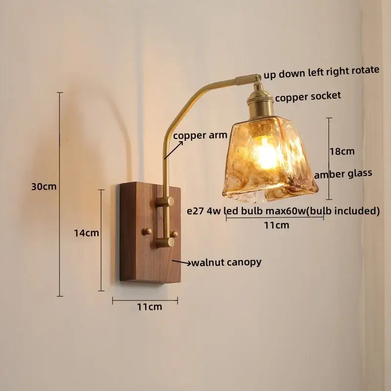 Modern amber glass copper led wall lamp with curved copper arm and walnut canopy for adjustable bedroom lighting