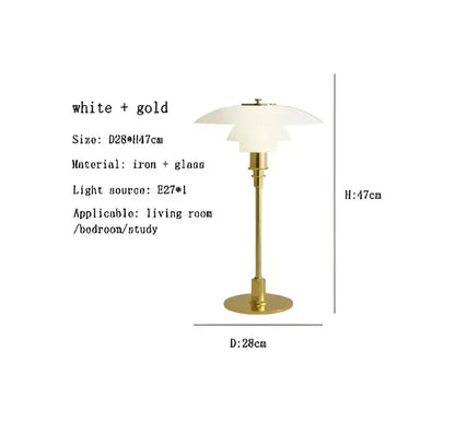 Modern amber glass desk lamp with white and gold tiered glass shades and slender iron base for decorbites glass desk use