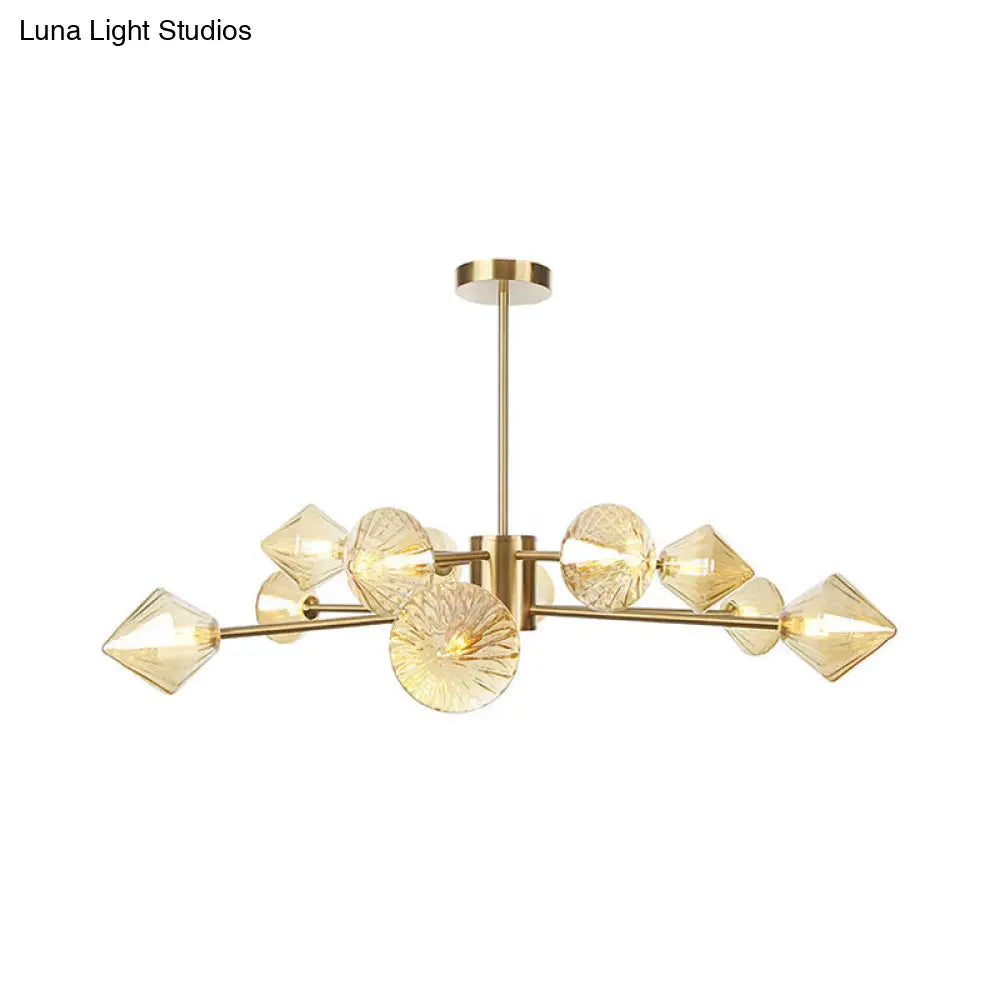 Lámpara de araña moderna de cristal ámbar con forma de diamante - Lámpara de dormitorio de 12 luces