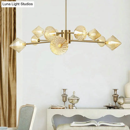 Lámpara de araña moderna de cristal ámbar con forma de diamante - Lámpara de dormitorio de 12 luces