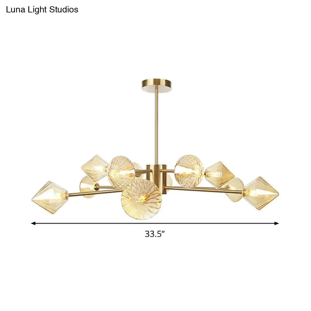 Lámpara de araña moderna de cristal ámbar con forma de diamante - Lámpara de dormitorio de 12 luces