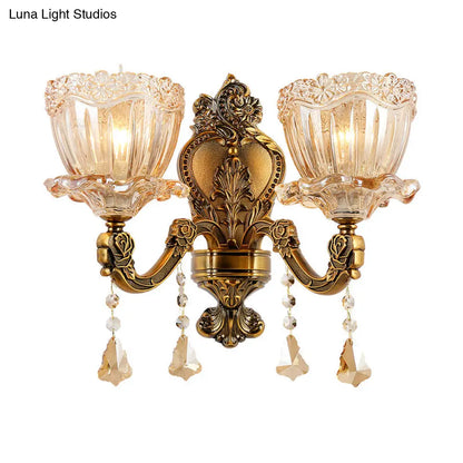 DecorBites™ DecorBites™ Modern Amber Glass Flower Wall Light Fixture 1/2 Head Brass Sconce with K9 Crystal Drop