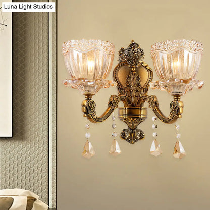 DecorBites™ DecorBites™ Modern Amber Glass Flower Wall Light Fixture 1/2 Head Brass Sconce with K9 Crystal Drop