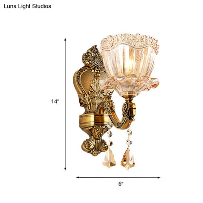 DecorBites™ DecorBites™ Modern Amber Glass Flower Wall Light Fixture 1/2 Head Brass Sconce with K9 Crystal Drop