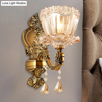 DecorBites™ DecorBites™ Modern Amber Glass Flower Wall Light Fixture 1/2 Head Brass Sconce with K9 Crystal Drop