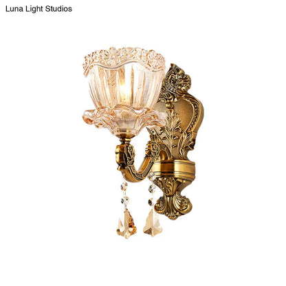 DecorBites™ DecorBites™ Modern Amber Glass Flower Wall Light Fixture 1/2 Head Brass Sconce with K9 Crystal Drop