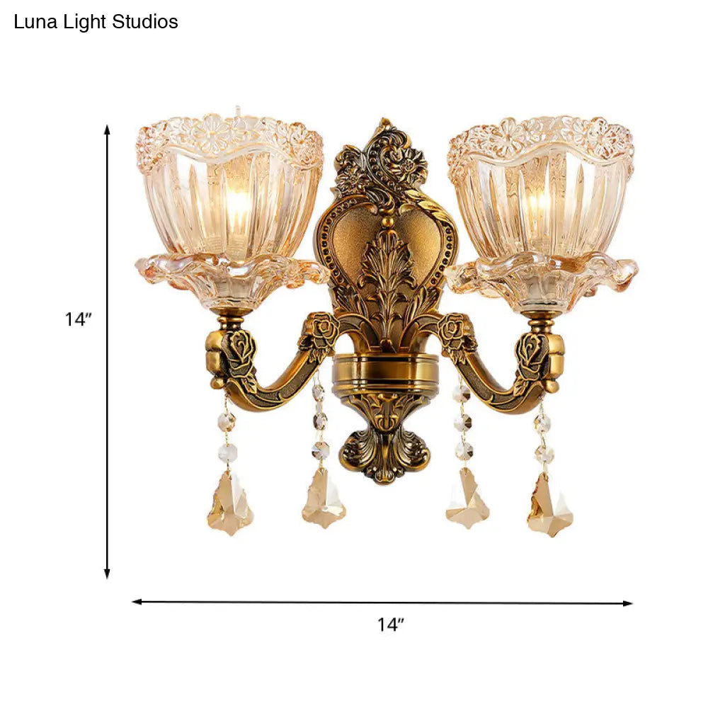 DecorBites™ DecorBites™ Modern Amber Glass Flower Wall Light Fixture 1/2 Head Brass Sconce with K9 Crystal Drop