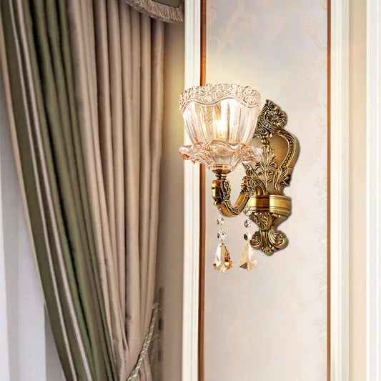 DecorBites™ DecorBites™ Modern Amber Glass Flower Wall Light Fixture 1/2 Head Brass Sconce with K9 Crystal Drop