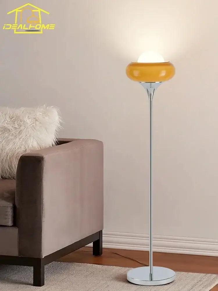 Modern amber glass iron led floor lamp with sleek chrome stem and warm amber glass shade for living room decorbites floor lamp