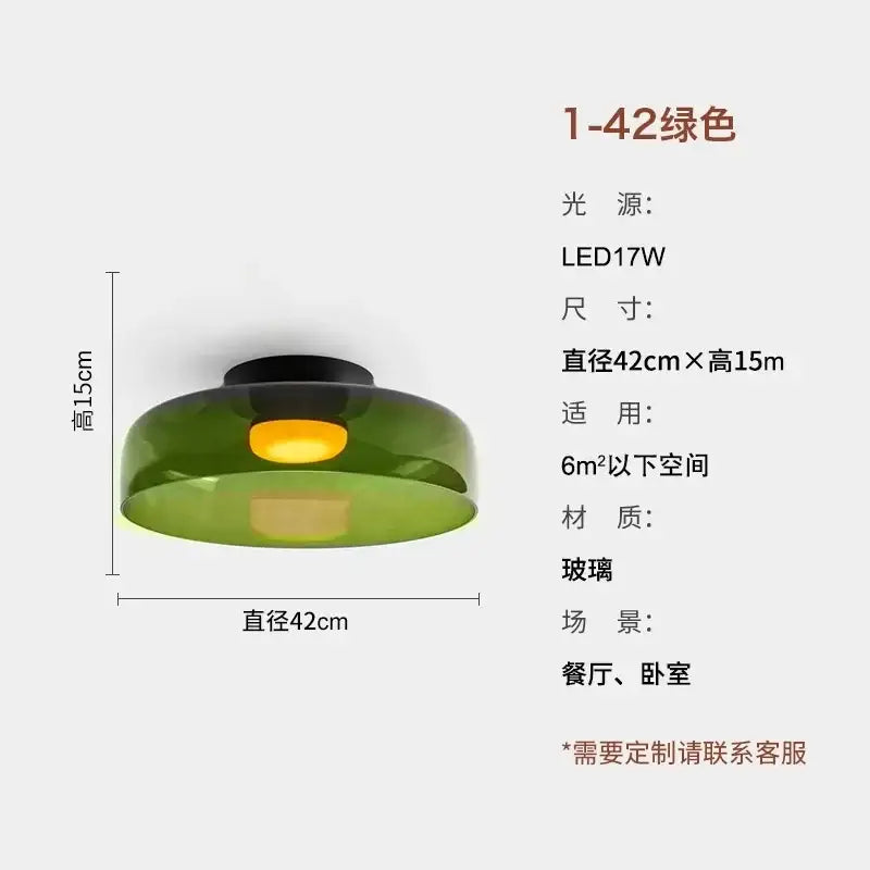 Modern amber glass led ceiling light with sleek translucent green glass and warm yellow illumination for living room