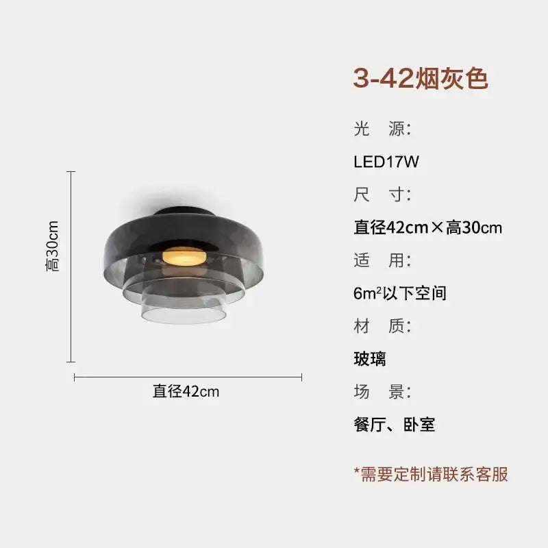 Modern amber glass led ceiling light with tiered clear glass rings and dark gray smoked finish for living room