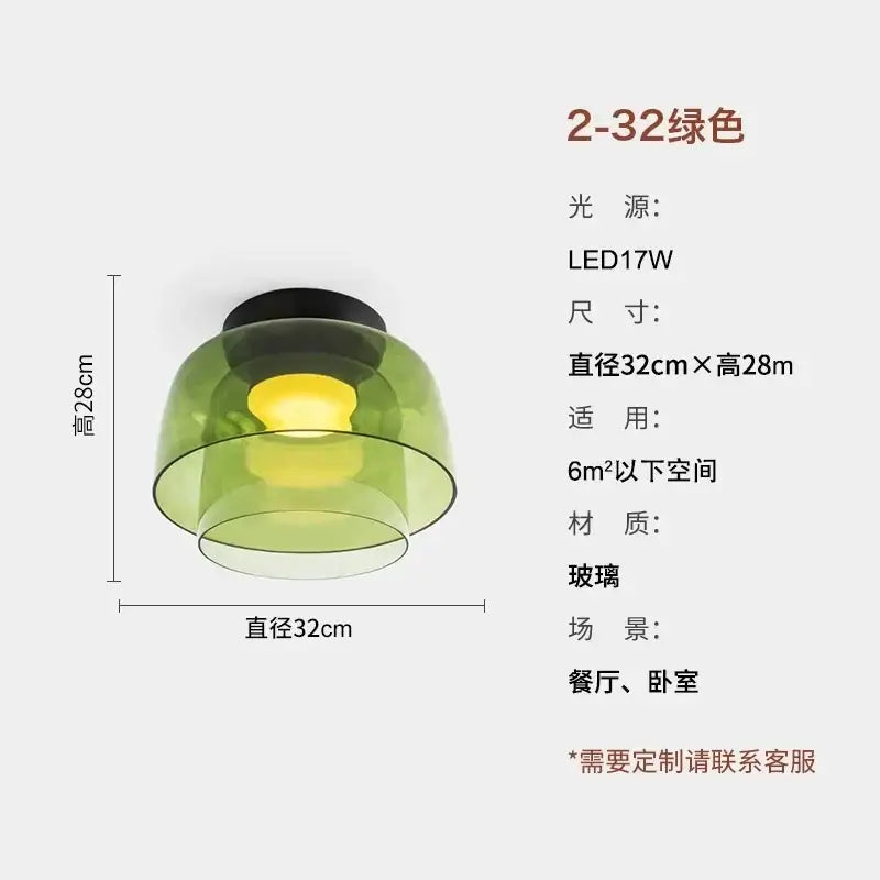 Modern amber glass led ceiling light featuring a translucent green glass pendant with warm yellow led light and black base