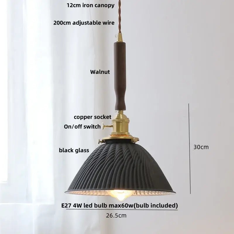 Black ribbed glass led pendant lamp with walnut iron canopy and brass hardware for modern dining room decor