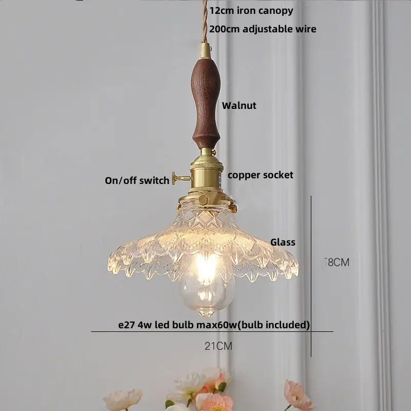 Vintage-style pendant lamp with walnut wood handle, brass hardware, and amber glass led cut-glass shade for dining room