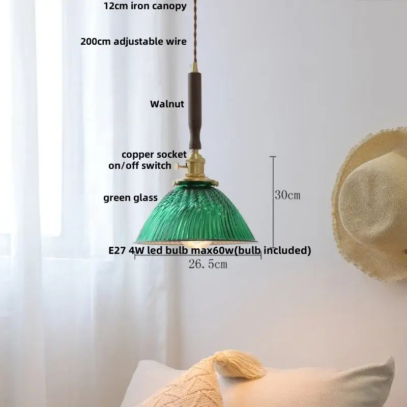 Green ribbed glass led pendant lamp with walnut-finished iron canopy and copper socket for dining room accents