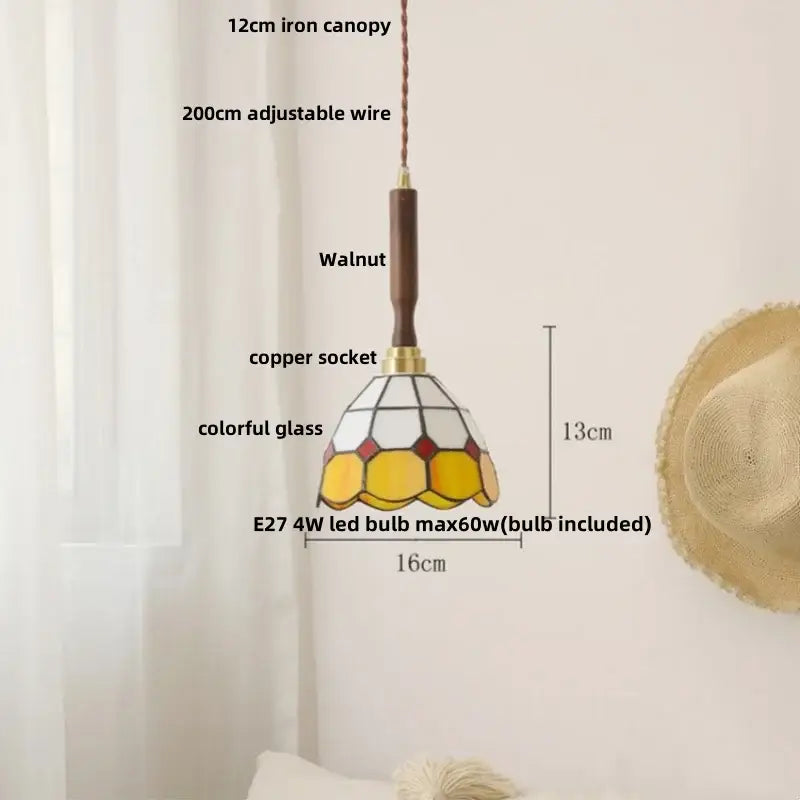 Modern amber glass led pendant light with walnut wood canopy copper socket and yellow red decorbites amber glass shade