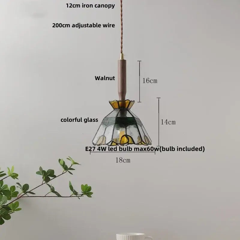 Modern amber glass led pendant light with walnut wood stem and 12cm iron canopy featuring colorful stained glass shade