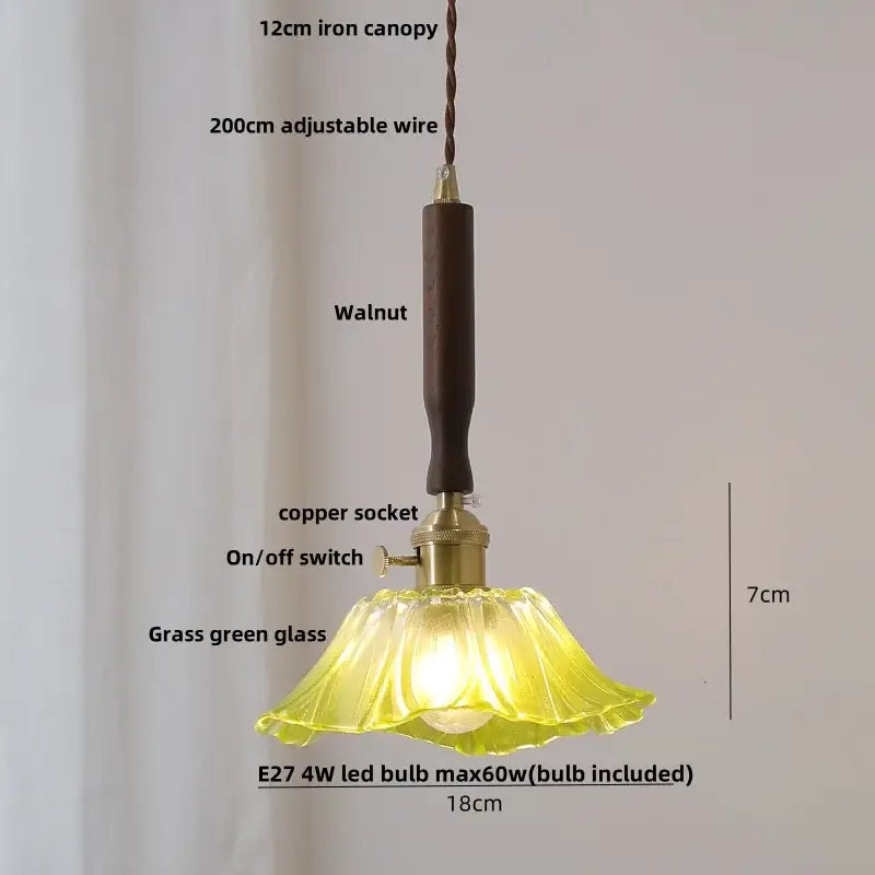 Modern amber glass led pendant light with delicate grass green fluted glass and walnut wood iron canopy decorbites amber glass