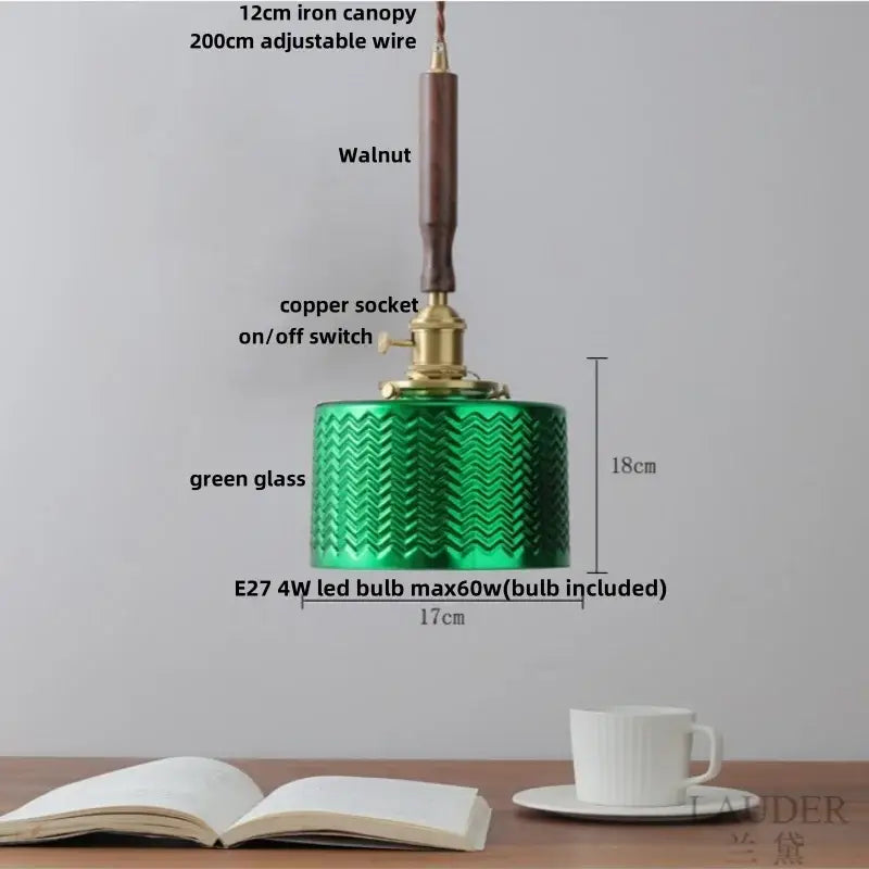 Modern amber glass led pendant light with green glass shade walnut wood canopy and brass copper socket decorbites amber glass