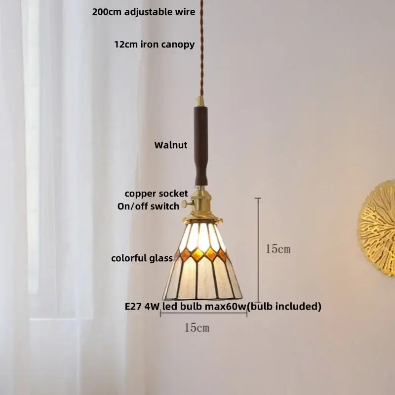 Modern amber glass led pendant light with decorbites amber glass shade and walnut wood iron canopy for dining room decor