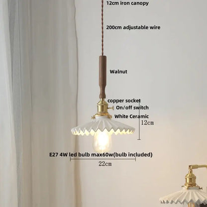 Vintage-style pendant light with walnut wood canopy, brass socket, and white ceramic shade for decorbites amber glass led