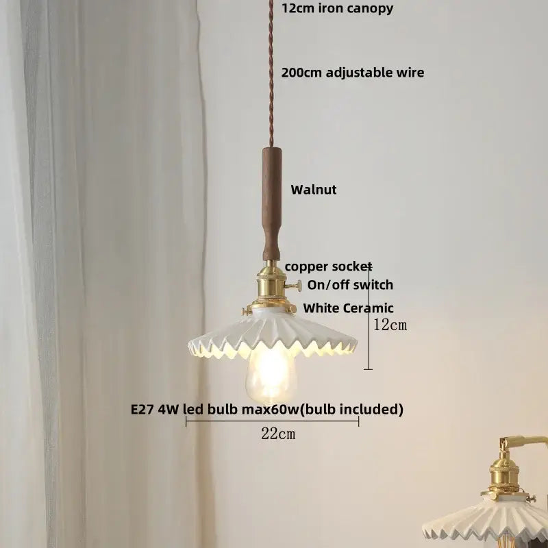 Vintage-style pendant light with walnut wood canopy, brass socket, and white ceramic shade for decorbites amber glass led