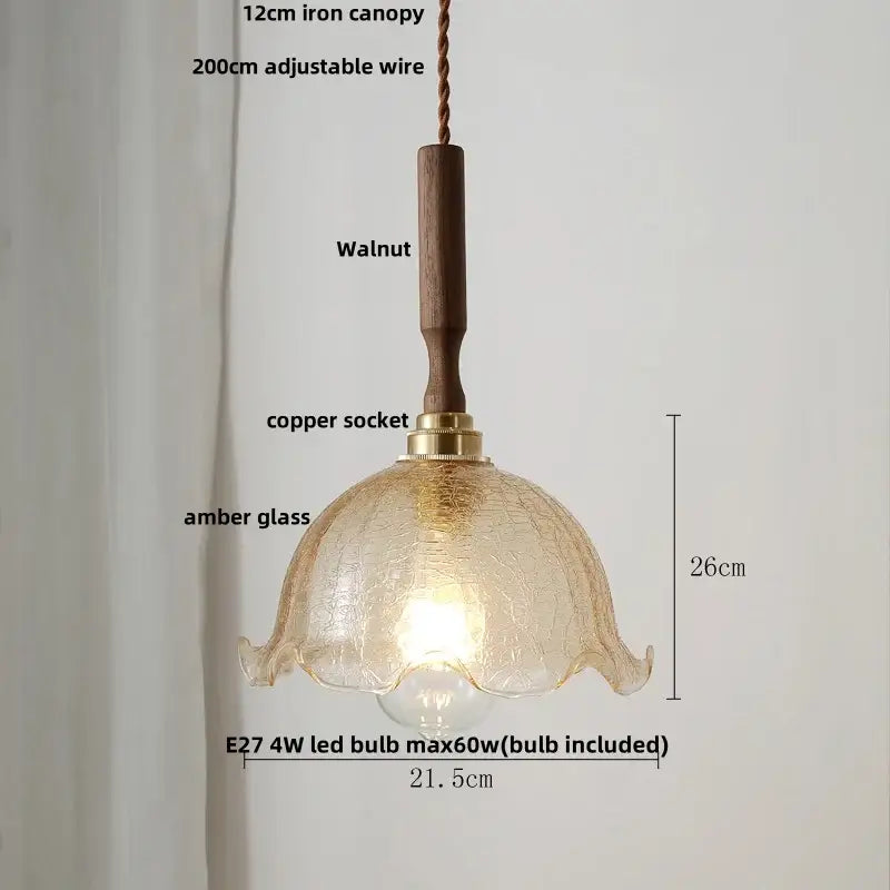 Modern decorbites amber glass led pendant light with warm ruffled amber glass and walnut wood handle for dining room decor