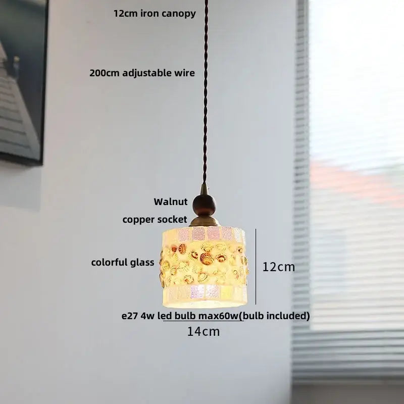Modern amber glass led pendant light with a 12cm colorful seashell glass shade and walnut-finished socket for dining room